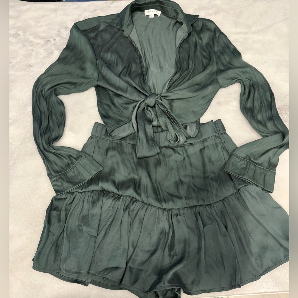 MARBLE Anthropologie Women’s Crop Top Mini Skirt 2-pc Set Size S Green Olive
